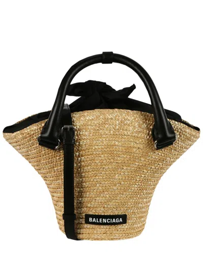 Balenciaga Mini Straw & Leather Beach Tote In Multi
