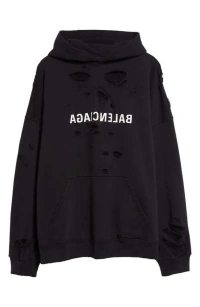 Balenciaga Mirror Logo Oversized Ripped Hoodie In Faded Black/ White