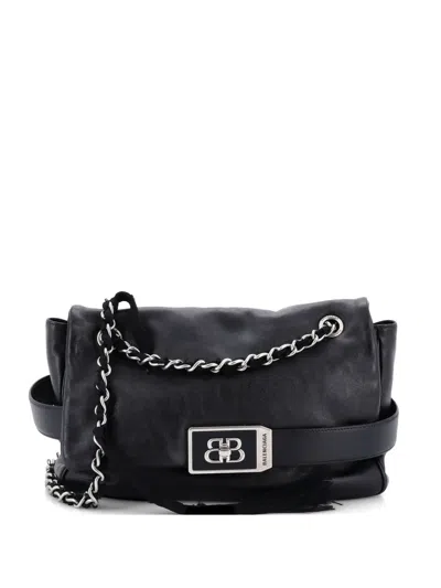 Pre-owned Balenciaga Modu Chain Flap Bag Leather Medium Shoulder Bag In Black
