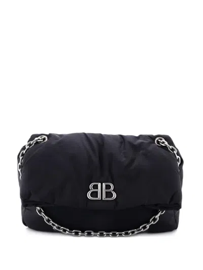 Pre-owned Balenciaga Monaco Chain Flap Nylon Medium Shoulder Bag In Black