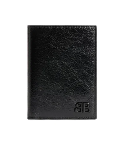Balenciaga Monaco Crinkled Leather Bifold Wallet In Black