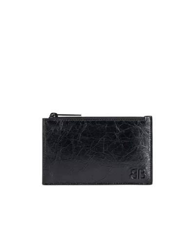 Balenciaga Monaco Crinkled Leather Card Holder In Black
