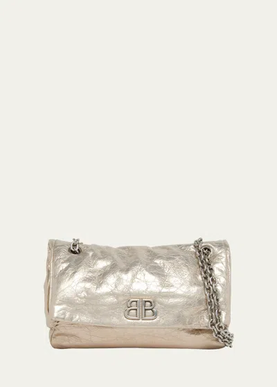 Balenciaga Monaco Small Metallic Leather Shoulder Bag In 9706 Stone Beige