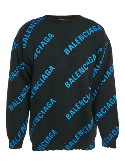 Pre-owned Balenciaga Monogram Crew-neck Sweater In Blue