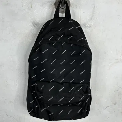 Pre-owned Balenciaga Monogram Nylon All Over Print Backpack In Black