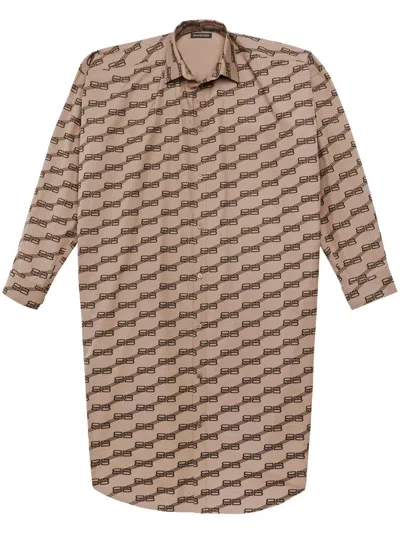 Balenciaga Monogram-print Long-sleeve Shirtdress In Neutrals