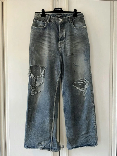 Pre-owned Balenciaga Mud Show Distressed Baggy Jeans Nwt In Blue