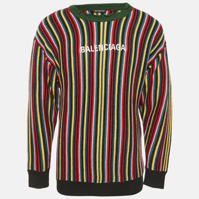 Pre-owned Balenciaga Multicolor Logo Intarsia Striped Wool Blend Oversized Sweater Xxs