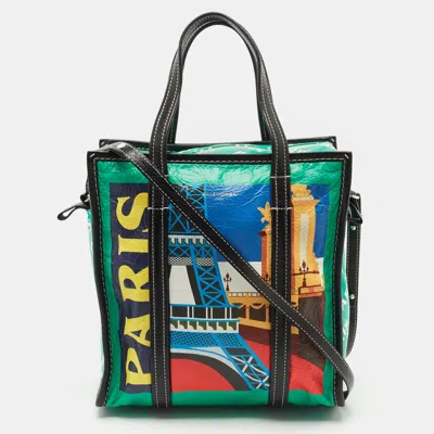 Pre-owned Balenciaga Multicolor Paris Print Leather Small Bazar Shopper Tote