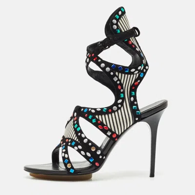 Pre-owned Balenciaga Multicolor Suede And Leather Cutout Ankle Wrap Sandals Size 40 In Black