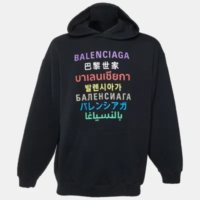 Pre-owned Balenciaga Multicolour Languages Logo Print Cotton Jersey Hoodie M In Black