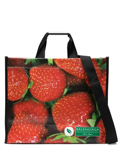 Balenciaga Multicolour Strawberry Print Two-way Tote Bag In Red