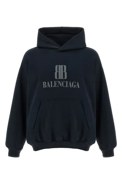 Balenciaga Black Hoodie With Fixed Hood And Logo Lettering On The Front In Cotton Man In Blue