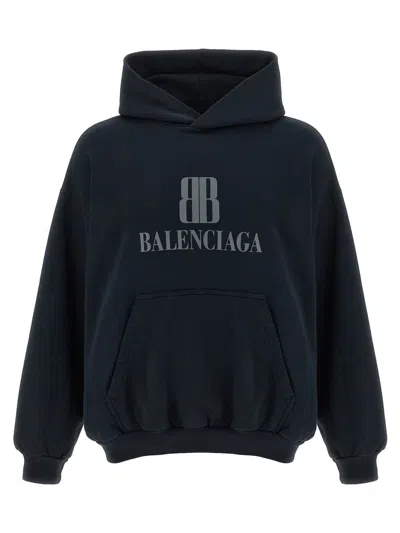 Balenciaga Black Hoodie With Fixed Hood And Logo Lettering On The Front In Cotton Man In Blue