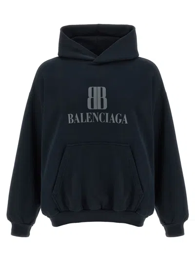 Balenciaga Black Hoodie With Fixed Hood And Logo Lettering On The Front In Cotton Man In Blue