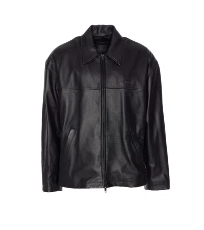 Balenciaga Leather Jacket With Embossed Logo And Pockets In Black