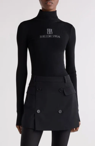 Balenciaga Nano Logo Rib Turtleneck Sweater In Black