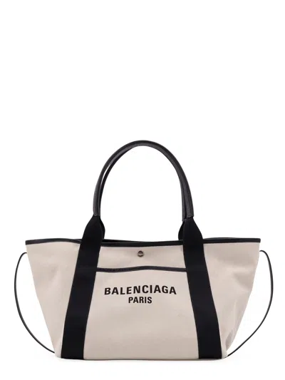 Balenciaga Natural Cotton Shoulder Bag With Leather Profiles And Logo On The Front In Natural+black