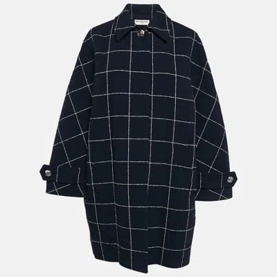 Pre-owned Balenciaga Navy Blue Checkered Wool Mid-length Coat M