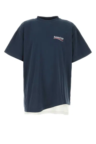 BALENCIAGA NAVY BLUE CREWNECK LOGO DOUBLE T-SHIRT