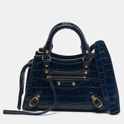 Pre-owned Balenciaga Navy Blue Croc Embossed Leather Mini Neo Classic City Tote