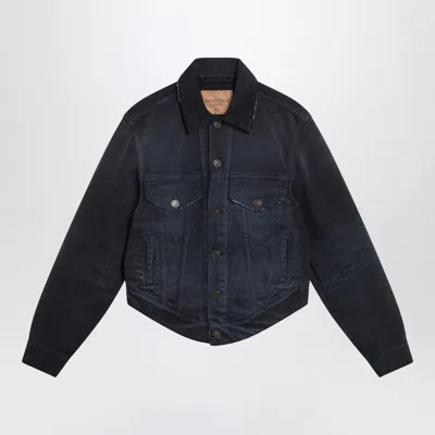 Balenciaga Curved Waist Distressed Denim Jacket In Blue