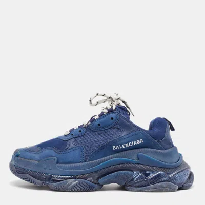 Pre-owned Balenciaga Navy Blue Leather And Mesh Triple S Clear Sole Sneakers Size 40