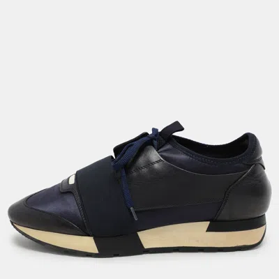 Pre-owned Balenciaga Navy Blue Leather And Satin Race Runner Low Top Sneakers Size 39