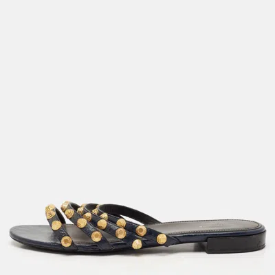 Pre-owned Balenciaga Navy Blue Leather Arena Flat Sandals Size 39.5