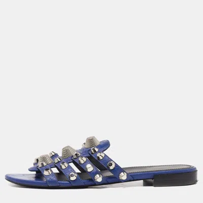Pre-owned Balenciaga Navy Blue Leather Arena Studded Flat Sandals Size 38