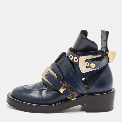 Pre-owned Balenciaga Navy Blue Leather Ceinture Ankle Boots Size 36