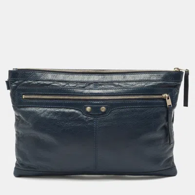 Pre-owned Balenciaga Navy Blue Leather Clip L Clutch
