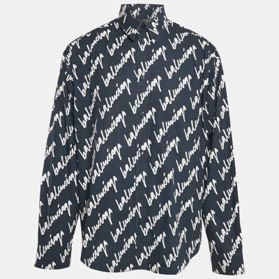 Pre-owned Balenciaga Navy Blue Logo All Over Cotton Long Sleeve Shirt M