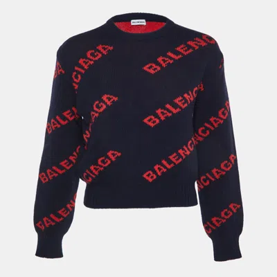 Pre-owned Balenciaga Navy Blue Logo Intarsia Wool Crew Neck Sweater Xs
