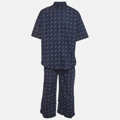 Pre-owned Balenciaga Navy Blue Logo Print Cotton Pyjama Set M/l