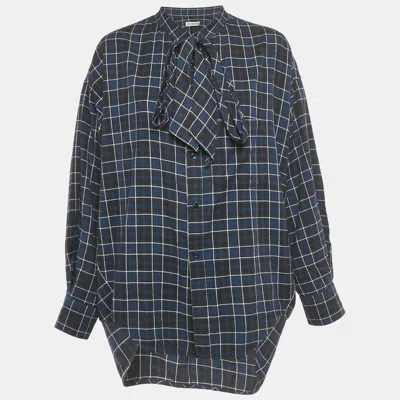 Pre-owned Balenciaga Navy Blue Logo Print Flannel Cotton Oversized Shirt S