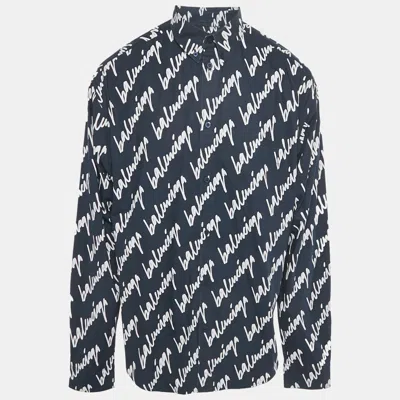 Pre-owned Balenciaga Navy Blue Logo Printed Cotton Long Sleeve Shirt M