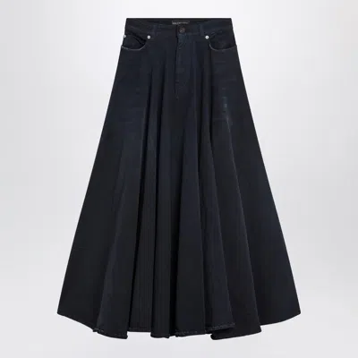 Balenciaga Navy Blue Maxi Godet Denim Skirt In Black
