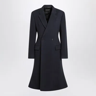 BALENCIAGA NAVY BLUE MIDI GODET WOOL COAT