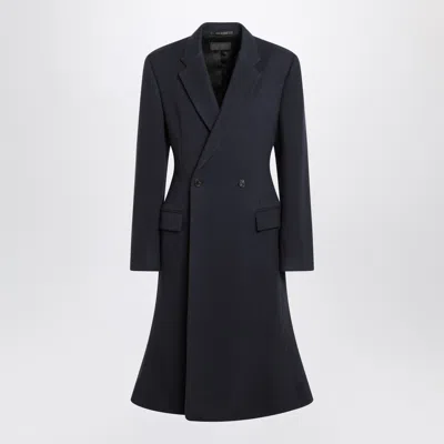 Balenciaga Navy Blue Midi Godet Wool Coat In Black