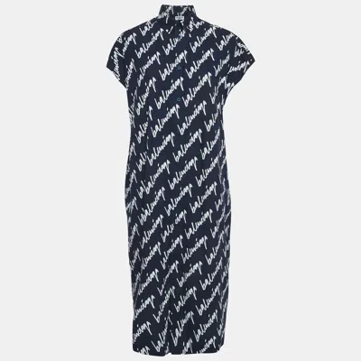Pre-owned Balenciaga Navy Blue Printed Cotton Midi Dress S