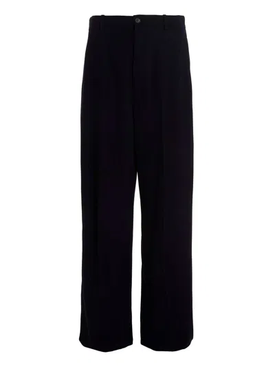 Balenciaga Navy Blue Twill Wide-leg Pant In Black