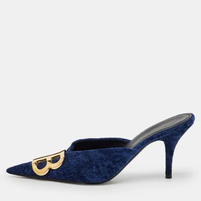 Pre-owned Balenciaga Navy Blue Velvet Bb Logo Knife Mules Size 37.5