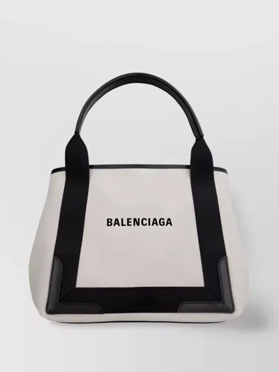 Balenciaga Navy Cabas Compact Leather Tote In White