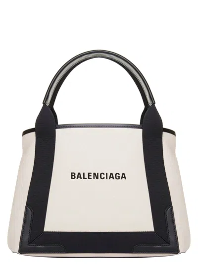 Balenciaga Md Navy Cabas Canvas Tote Bag In White