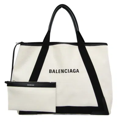 Pre-owned Balenciaga Navy Cabas White Canvas Tote Bag ()