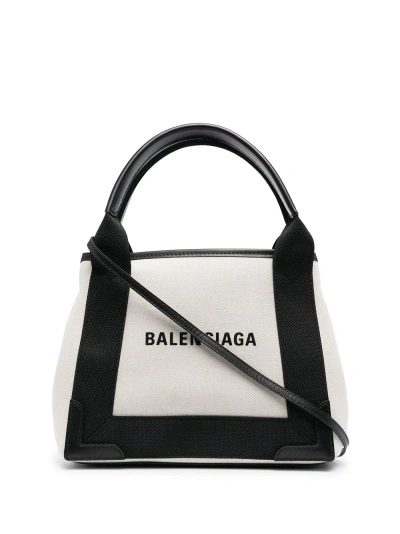 Balenciaga Navy Cabas Xs Organic Cotton Tote Bag In White