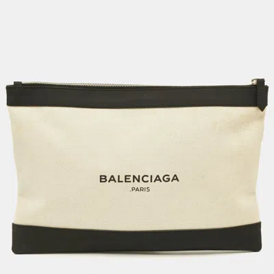 Pre-owned Balenciaga Navy Clip M Beige/black Canvas And Nubuck Leather Clutch In Sand