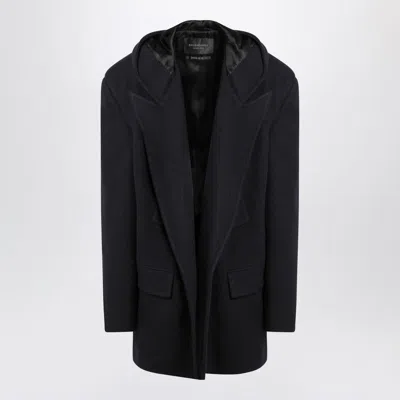 Balenciaga Navy Blue Coat With Hood In Black