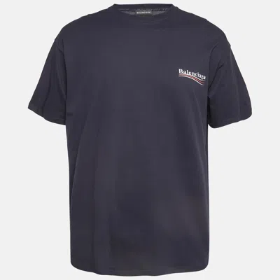 Pre-owned Balenciaga Navy Cotton Knit Logo Printed Crew Neck T-shirt M In Navy Blue